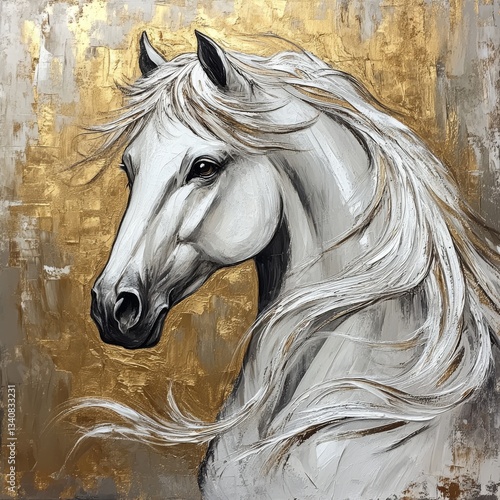 Portrait of a beautiful wild stallion with a flowing long mane, silver and white with gold accents, Ai generated