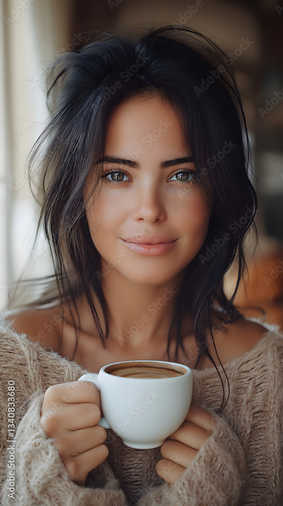 custom made wallpaper toronto digitalMorning Moment: A woman, captured in a warm portrait, gently holds a mug of coffee, her gaze direct, inviting a sense of connection and the simple pleasures of daily life.