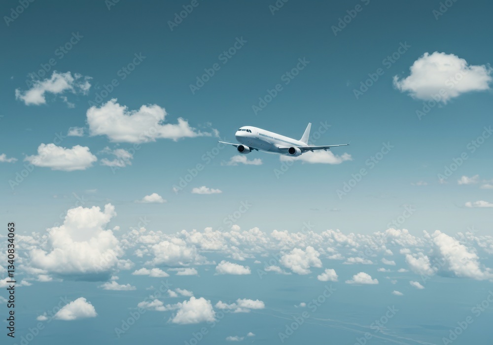 Obraz premium White passenger airplane flying in blue sky. Travel to destination, flight tourism concept. Commercial air transport for booking website, airline marketing