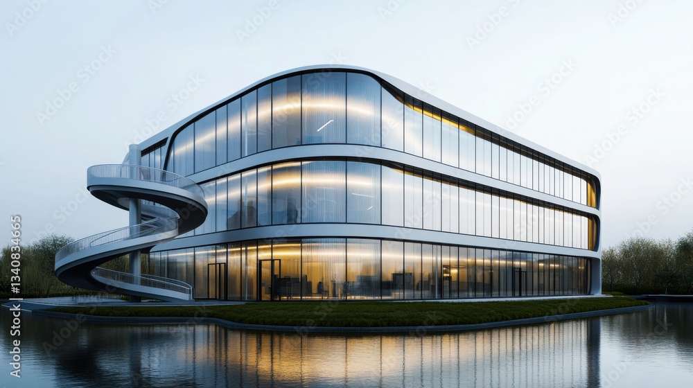 Fototapeta premium Modern office building with glass facade and spiral staircase near tranquil water at sunset