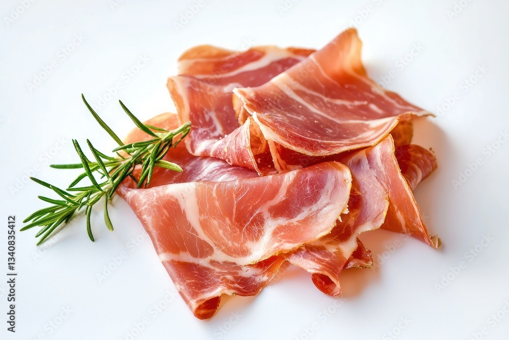 Iberian ham slices arranged artistically with fresh rosemary sprig against a clean white surface view from above Iberian ham slices arranged artistically with fresh rosemary sprig against a clean white surface view from above