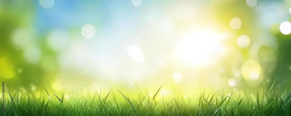 Fototapeta premium Bright summer meadow with green grass and glowing sun in background, creating serene and peaceful atmosphere