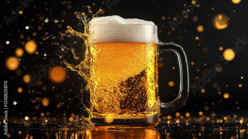 Splashed beer mug, festive lights