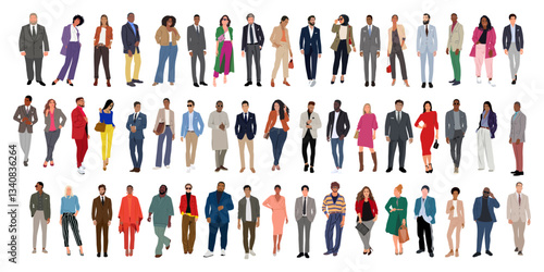 Modern business people bundle. Vector realistic illustrations of diverse multinational standing cartoon men and women in smart casual, formal outfits. Isolated on transparent background.