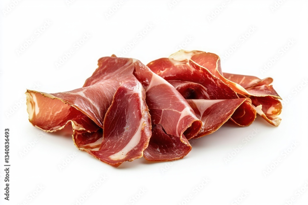 Elegant display of curled prosciutto on a seamless white backdrop captures culinary delight savory flavor appetizing Elegant display of curled prosciutto on a seamless white backdrop captures culinary delight savory flavor appetizing