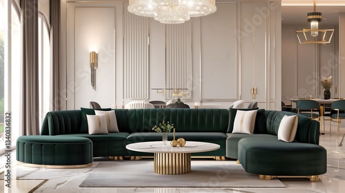 A luxurious living room interior featuring a deep emerald green velvet sofa, gold-accented decor, a marble coffee table, and an elegant chandelier hanging from a high ceiling