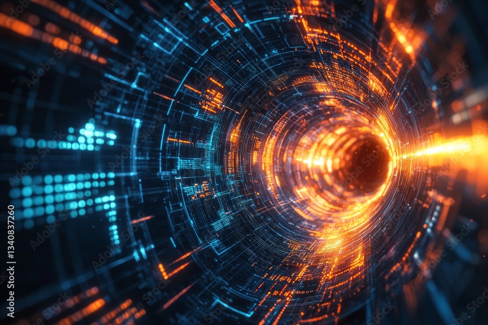 Digital data tunnel, time travel concept, futuristic technology background, dark blue and orange colors Digital data tunnel, time travel concept, futuristic technology background, dark blue and orange colors