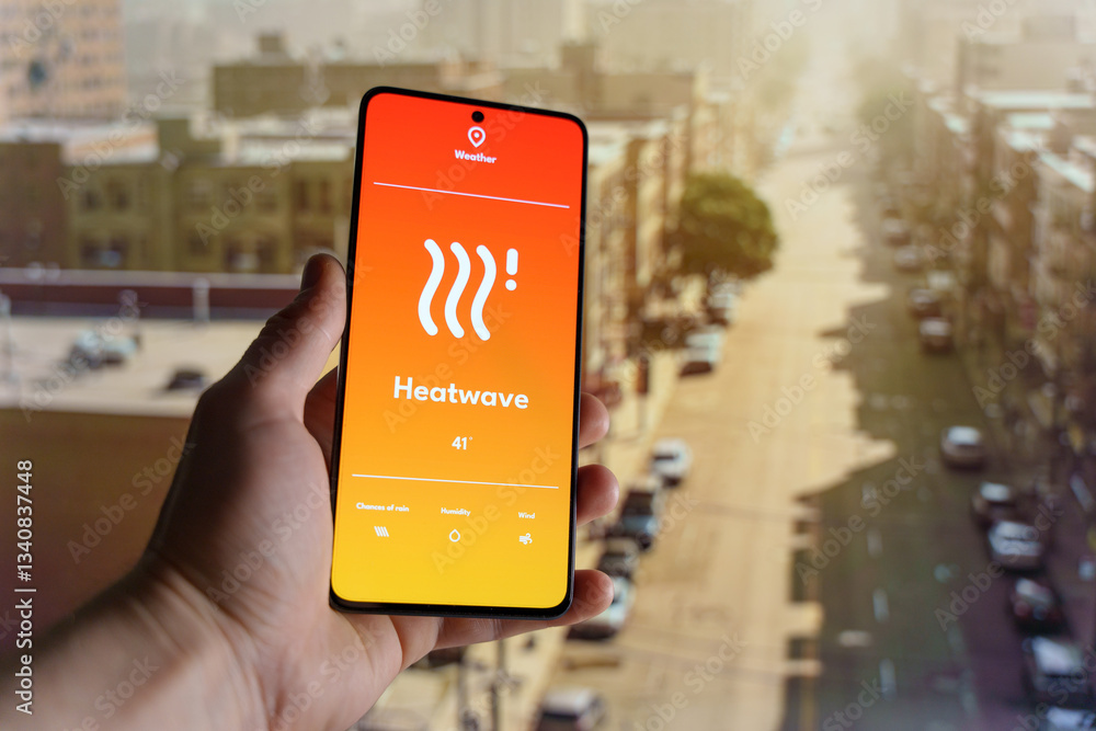 Naklejka premium Hand holding a smartphone displaying a weather app with a heatwave warning. Blurred cityscape under extreme heat in the background. High temperature and climate change concept