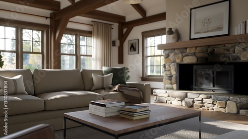 A rustic farmhouse living room with exposed wooden beams, a cozy beige sofa adorned with textured throw pillows, a stone fireplace with a wooden mantel, and vintage-style lighting