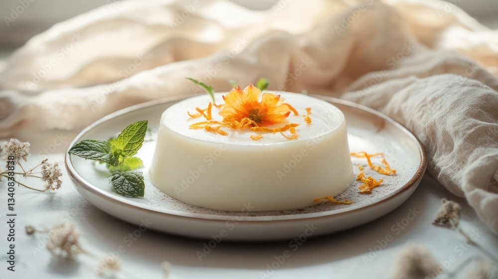 Elegant Panna Cotta Dessert with Orange Blossom and Mint Leaves on Ceramic Plate Light Aesthetic Elegant Panna Cotta Dessert with Orange Blossom and Mint Leaves on Ceramic Plate Light Aesthetic