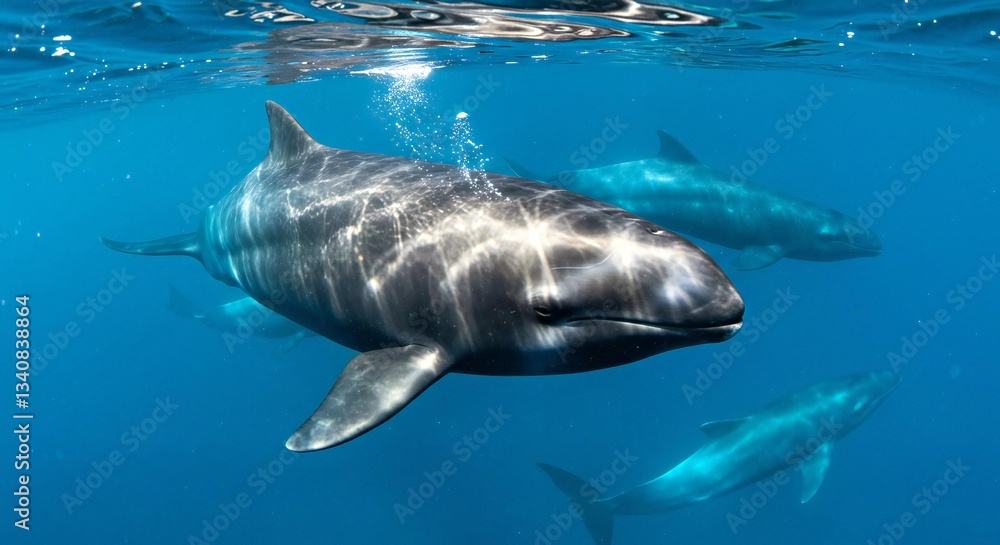 Fototapeta premium False Killer Whale Emitting High-Frequency Clicks as It Communicates With Its Pod Members_