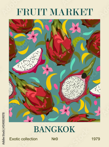 Abstract Fruit Market Bangkok retro poster. Trendy contemporary wall art with Dragon fruit Pitaya design. Modern naive funky interior decoration, painting. Vector art illustration.