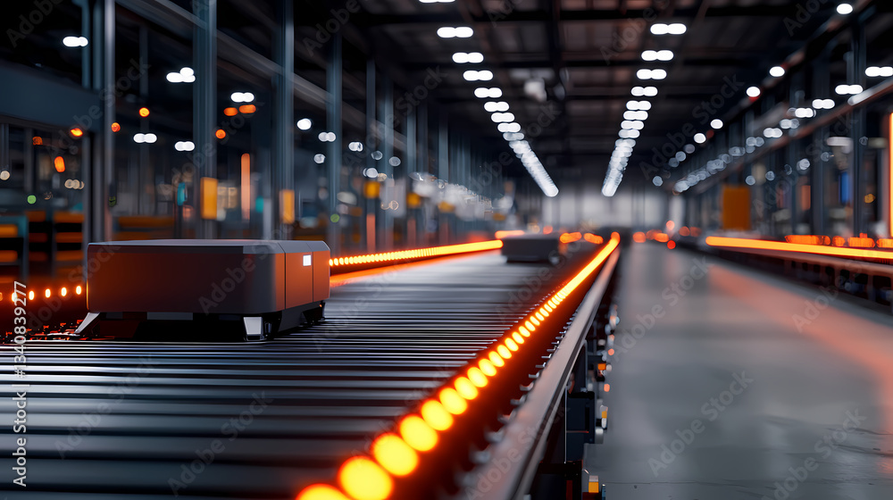 A modern warehouse scene featuring a conveyor belt with automated robots transporting goods, illuminated by bright overhead lights. A modern warehouse scene featuring a conveyor belt with automated robots transporting goods, illuminated by bright overhead lights.