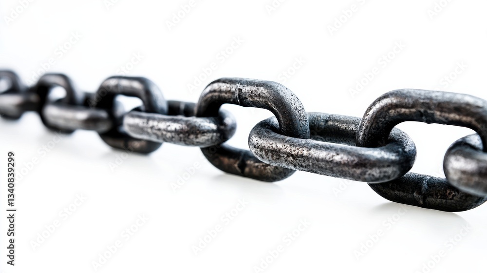 Obraz premium A single row of thick steel chain links aligned in a straight line on a bright white background, with no shadows. The image focuses on the industrial and mechanical aspects of the chain.