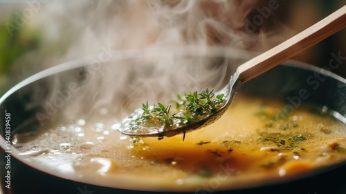 A steaming ladle scooping hot soup from a pot, with visible herbs and ingredients floating in the broth. The steam rising creates a warm and inviting atmosphere.