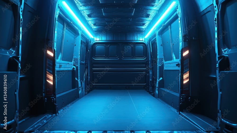 Fototapeta premium Blue-lit van cargo space, night