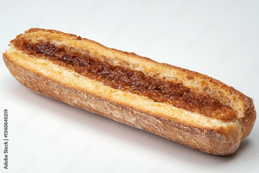 Delicious baguette with sweet filling on white background studio shot food photography for advertising
