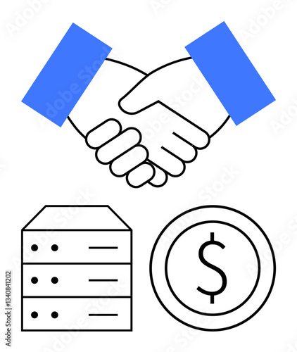 Handshake signifying collaboration, server stack for technology, and coin for financial growth. Ideal for business, dealmaking, technology, investment, fintech IT services partnerships. Flat simple