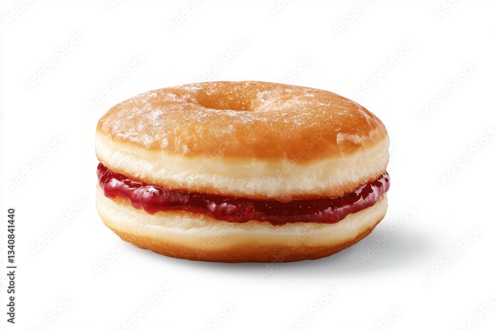 Delicious donut filled with vibrant raspberry jam on a white background sweet tempting confectionery Delicious donut filled with vibrant raspberry jam on a white background sweet tempting confectionery