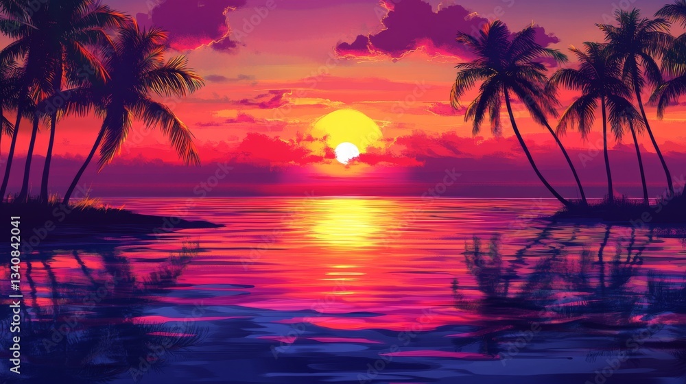 Digital illustration of a sunset over the sea, with palm trees on the shore. Digital illustration of a sunset over the sea, with palm trees on the shore.