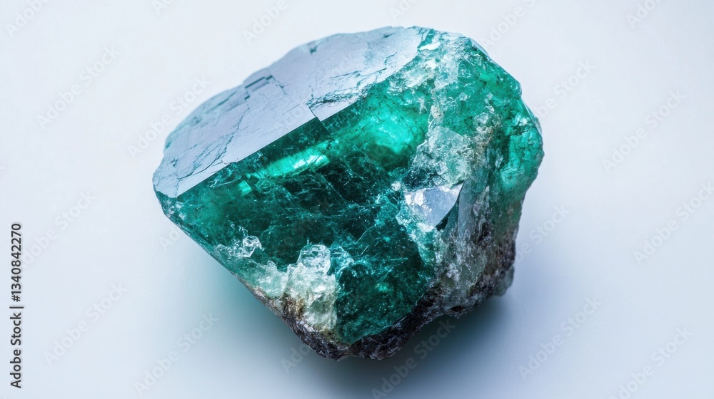 Close-up of a raw emerald gemstone with deep green hues, resting on a clean white surface. The rough, unpolished texture highlights its natural beauty and mineral structure. Close-up of a raw emerald gemstone with deep green hues, resting on a clean white surface. The rough, unpolished texture highlights its natural beauty and mineral structure.