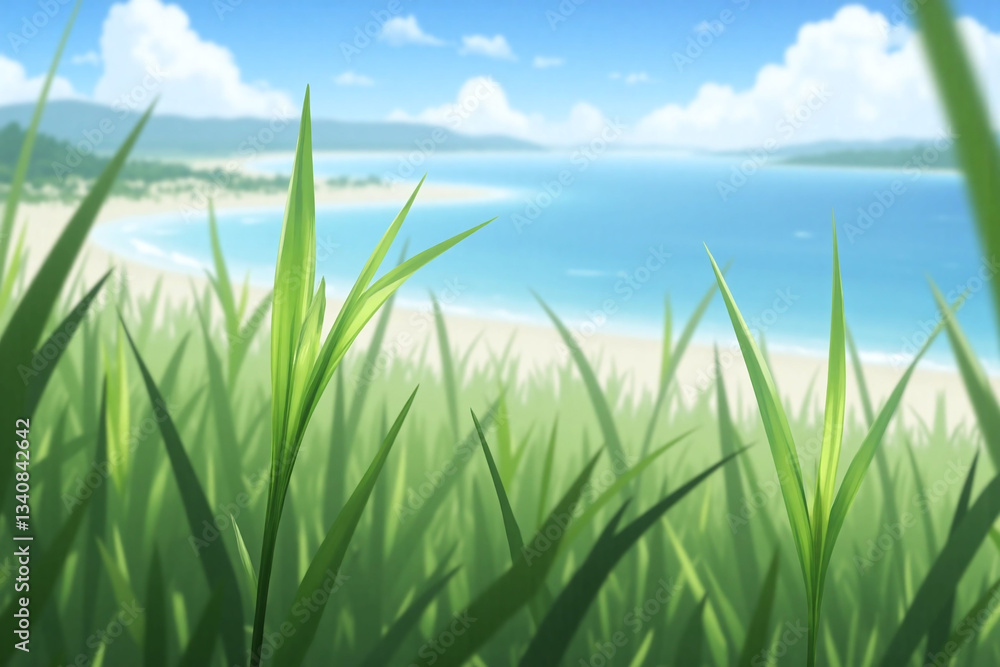 Fototapeta premium field of green grass with a blue sky in the background