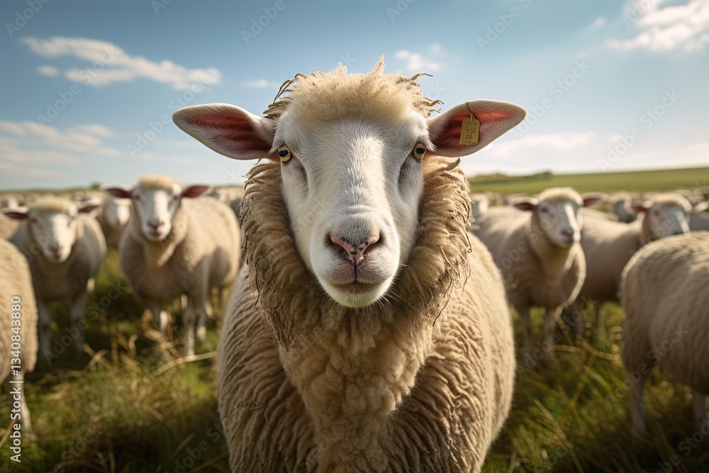 Fototapeta premium A sheep is standing in a field with other sheep in sunny day