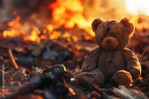 A worn teddy bear sitting amidst burning debris, evoking a sense of loss and nostalgia. From Playful to Forgotten