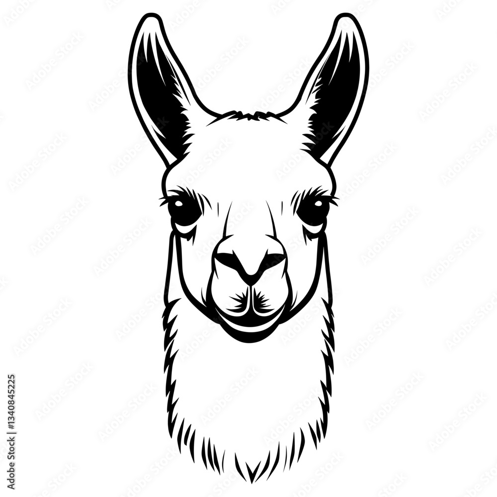 Fototapeta premium Llama face linear illustration animal black vector