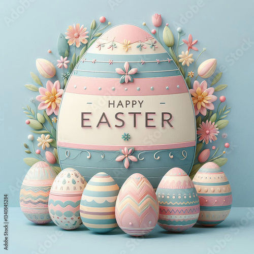 The egg-shaped frame is decorated with spring pastel flowers, leaves and branches. Inside the frame is the text 