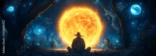 A powerful wizard conjuring a glowing portal in an enchanted forest, surrounded by mystical creatures