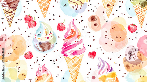 Watercolor pattern ice cream white background
