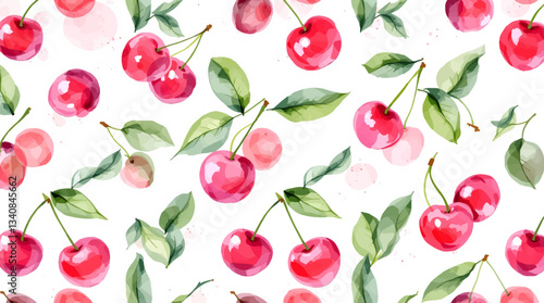 Watercolor red cherries on white background seamless vector pattern