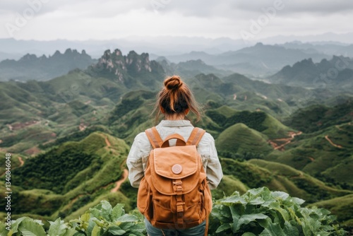 A girl with a backpack hiking on a mountain trail, surrounded by lush greenery and a stunning view of the valley below