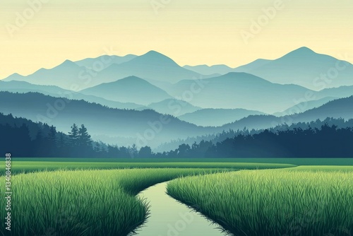 In the distance, there is an endless rice field with green paddy fields and mountains in the background, in digital art style