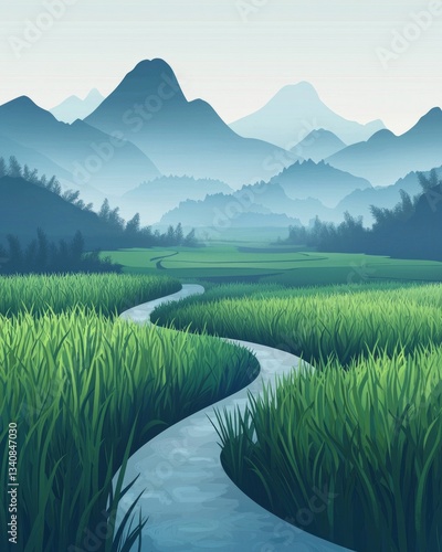 In the distance, there is an endless rice field with green paddy fields and mountains in the background, in digital art style