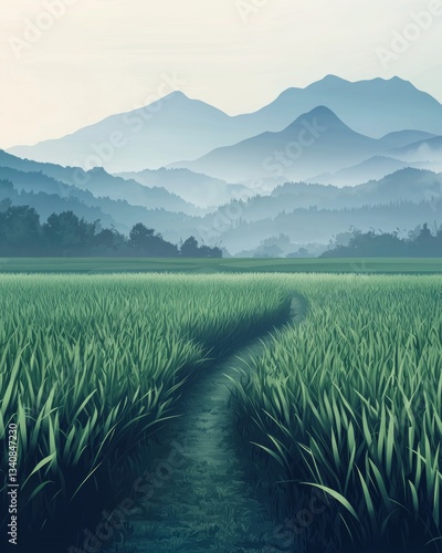 In the distance, there is an endless rice field with green paddy fields and mountains in the background, in digital art style