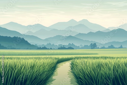 In the distance, there is an endless rice field with green paddy fields and mountains in the background, in digital art style