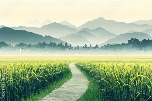 In the distance, there is an endless rice field with green paddy fields and mountains in the background, in digital art style