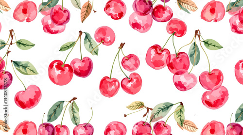 Watercolor red cherries on white background seamless vector pattern