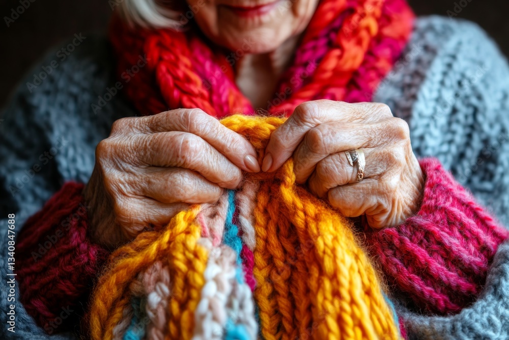 A hyper-realistic close-up of a senior woman’s hands knitting a scarf, capturing the texture of the yarn and the fine details of her aged hands A hyper-realistic close-up of a senior woman’s hands knitting a scarf, capturing the texture of the yarn and the fine details of her aged hands