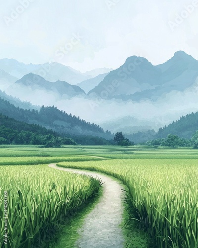 In the distance, there is an endless rice field with green paddy fields and mountains in the background, in digital art style