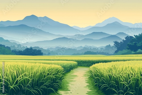 In the distance, there is an endless rice field with green paddy fields and mountains in the background, in digital art style