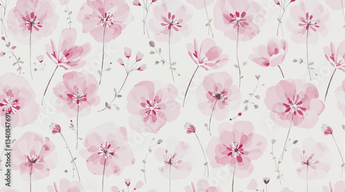 Watercolor floral seamless pattern with hand-painted blush pink flowers and green leaves on white background. Botanical print.