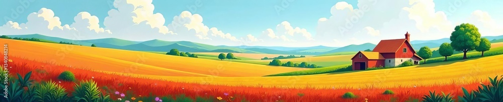 Abstract geometric interpretation of a farm with fields, trees, and sky, sky, interpretation, fields Abstract geometric interpretation of a farm with fields, trees, and sky, sky, interpretation, fields