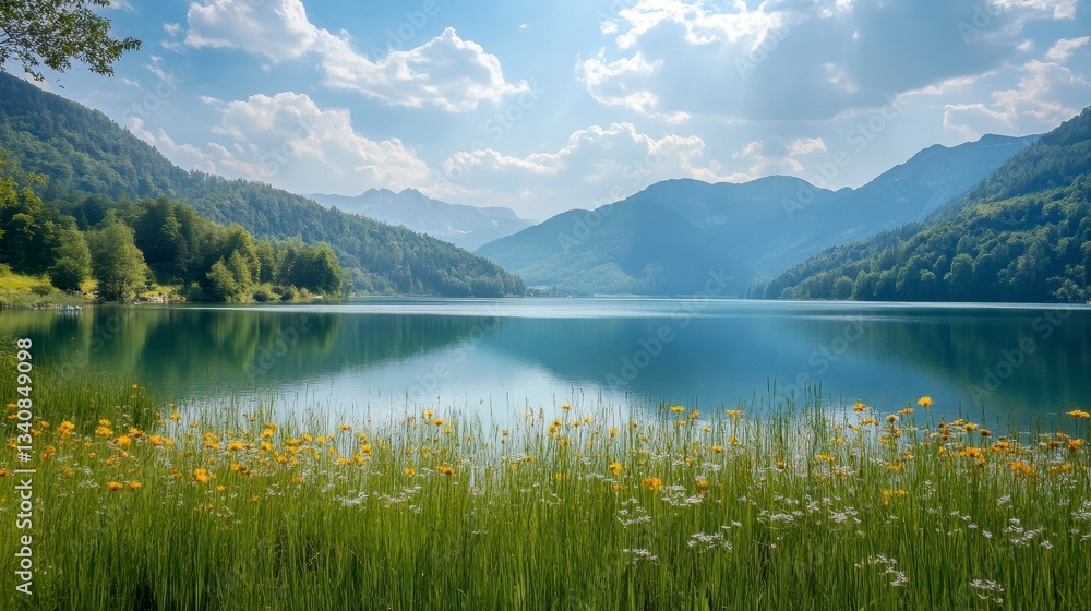 Naklejka premium Peaceful Lake and Mountain View