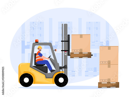 A vector illustration of a warehouse worker operating a forklift, lifting boxes in a storage facility.