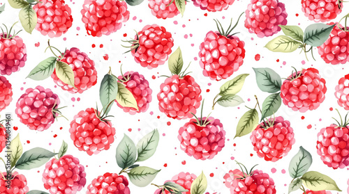 Watercolor pattern featuring raspberries white background