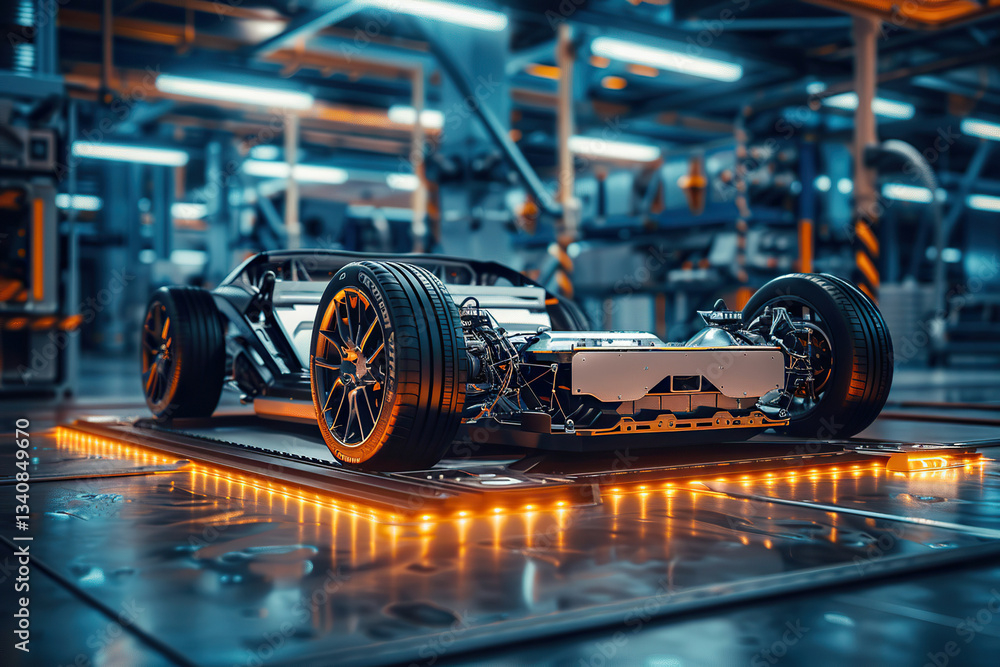 Fototapeta premium Power source for charging battery of beautiful hybrid electric car on road, abstract vivid composition consists of fictional unreal fantastic vision on background