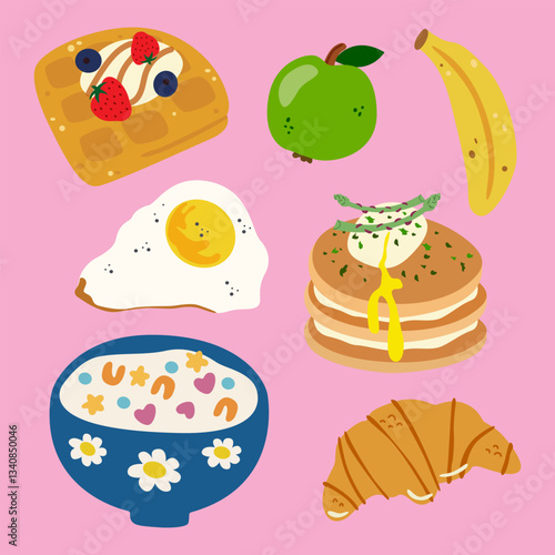 Cute cartoon breakfast food. Traditional morning dishes. Bakery pastry products. Breakfast menu illustration with fruits, cereal with milk, fried egg, pancakes, croissant